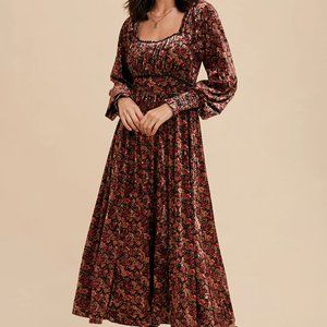 NWT Piper & Scoot The Rushville Velvet Midi Dress in Black Floral